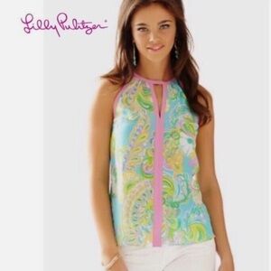 LILLY PULIZTER Paisley Silk Tillie Shorely Blue Double Trouble Keyhole Top Sz XS